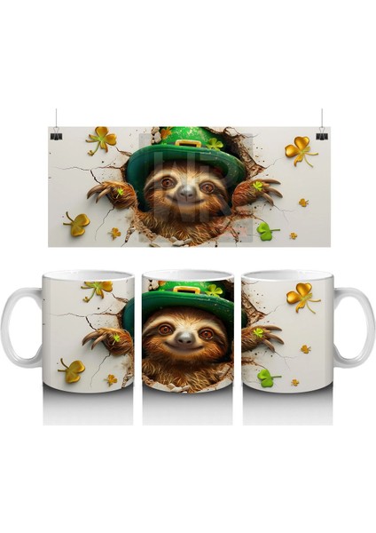 Yonca Yapraklarıyla Süslenmiş Gülümseyen Tembel Hayvan – Baskılı Kahve Kupası