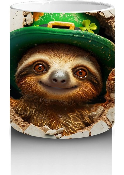 Yonca Yapraklarıyla Süslenmiş Gülümseyen Tembel Hayvan – Baskılı Kahve Kupası modelleri