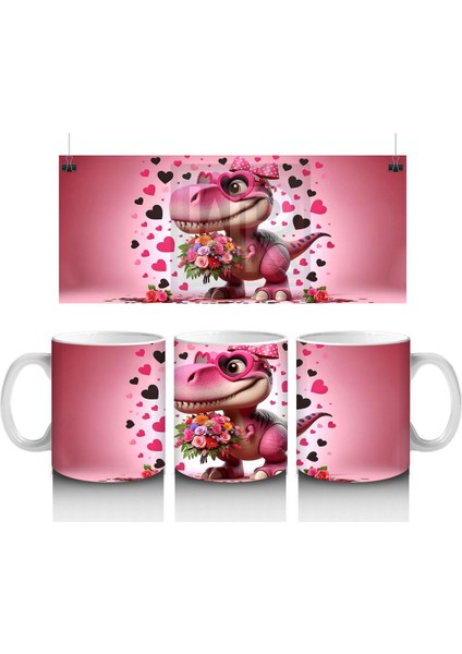 Çiçek Buketi Tutan Dinozor Figürü - Baskılı Kahve Kupası