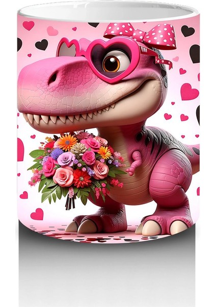 Çiçek Buketi Tutan Dinozor Figürü - Baskılı Kahve Kupası modelleri