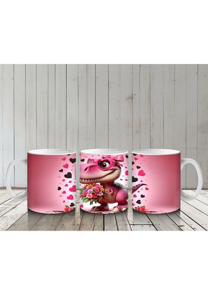 Çiçek Buketi Tutan Dinozor Figürü - Baskılı Kahve Kupası