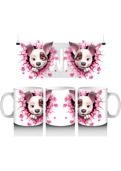 Pembe Çiçekli Çatlak Zeminden Bakan Sevimli Köpek - Baskılı Kahve Kupası