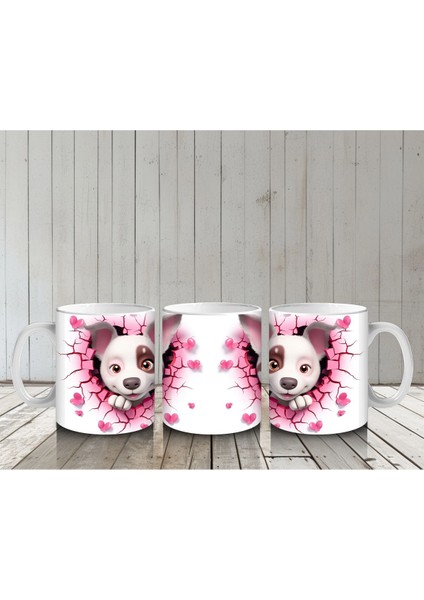 Pembe Çiçekli Çatlak Zeminden Bakan Sevimli Köpek - Baskılı Kahve Kupası