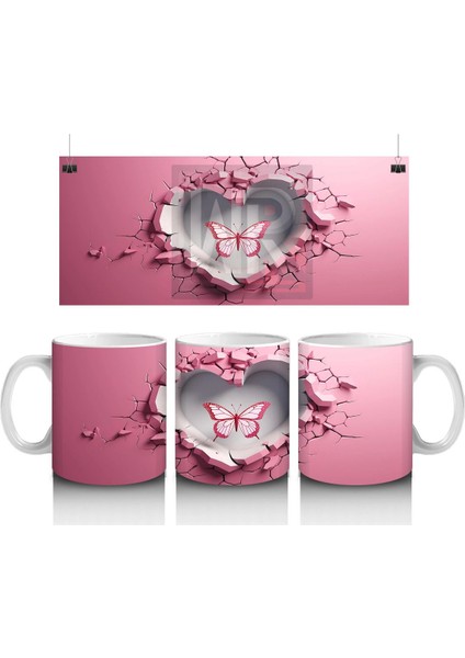 Pembe Kalpli Duvar Arasında Kelebek Figürü – Baskılı Kahve Kupası