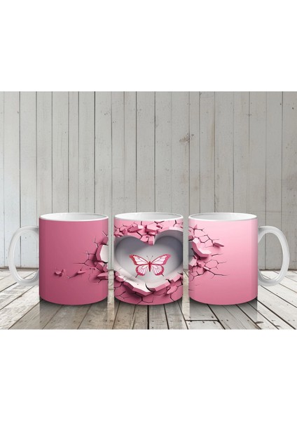 Pembe Kalpli Duvar Arasında Kelebek Figürü – Baskılı Kahve Kupası