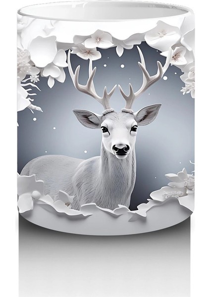 Beyaz Çiçeklerle Süslenmiş Çatlak Zeminden Bakan Geyik - Baskılı Kahve Kupası modelleri