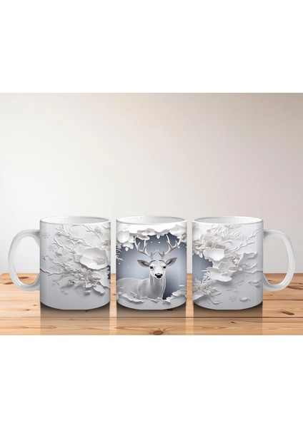 Beyaz Çiçeklerle Süslenmiş Çatlak Zeminden Bakan Geyik - Baskılı Kahve Kupası indirimleri