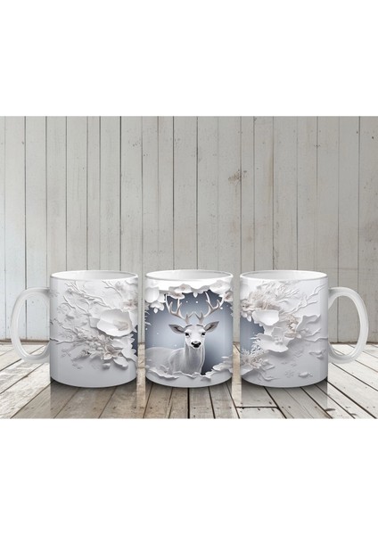Beyaz Çiçeklerle Süslenmiş Çatlak Zeminden Bakan Geyik - Baskılı Kahve Kupası