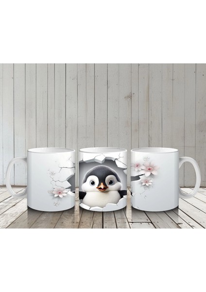 Kiraz Çiçekli Zemin Üzerine Penguen Figürü – Baskılı Kupa