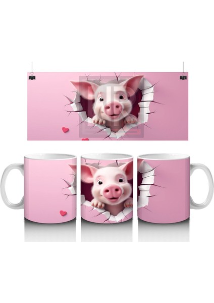 Pembe Çatlak Zeminden Bakan Sevimli Domuzcuk - Baskılı Kahve Kupası