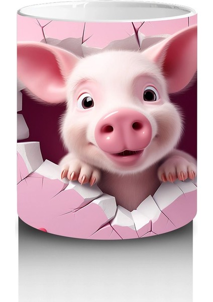Pembe Çatlak Zeminden Bakan Sevimli Domuzcuk - Baskılı Kahve Kupası modelleri