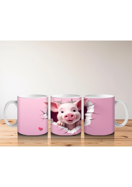 Pembe Çatlak Zeminden Bakan Sevimli Domuzcuk - Baskılı Kahve Kupası indirimleri