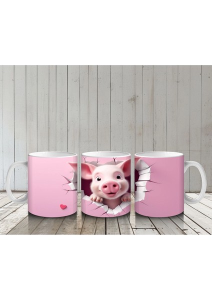 Pembe Çatlak Zeminden Bakan Sevimli Domuzcuk - Baskılı Kahve Kupası