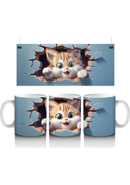 Mavi Fon Üzerine Yırtık Desenli Kedi – Baskılı Kupa