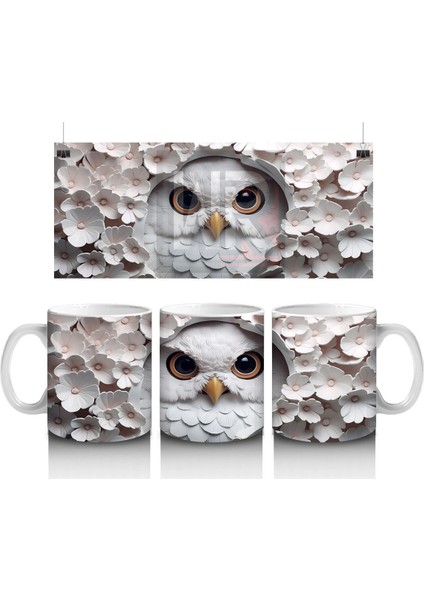 Beyaz Yapraklar Arasında Parlayan Baykuş – Baskılı Kahve Kupası