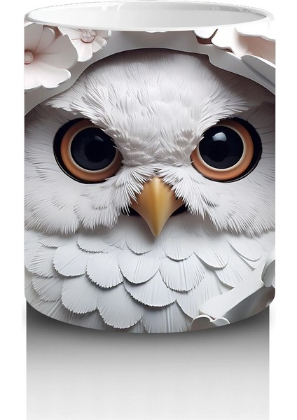 Beyaz Yapraklar Arasında Parlayan Baykuş – Baskılı Kahve Kupası modelleri