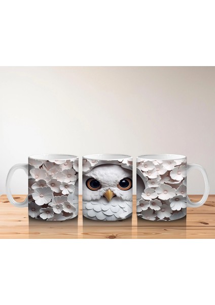 Beyaz Yapraklar Arasında Parlayan Baykuş – Baskılı Kahve Kupası indirimleri