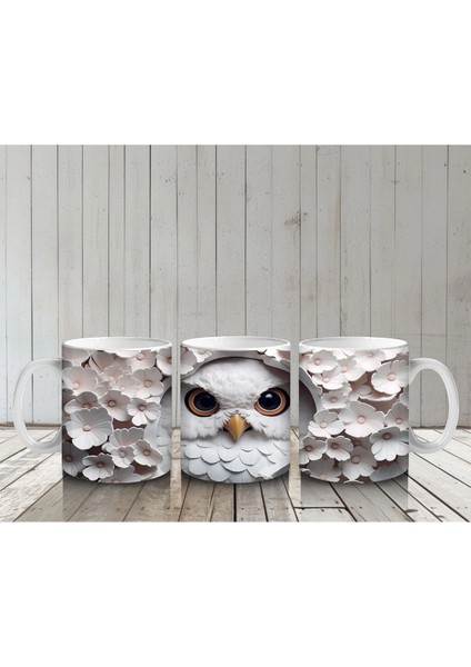 Beyaz Yapraklar Arasında Parlayan Baykuş – Baskılı Kahve Kupası