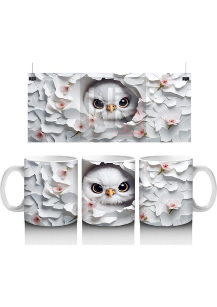 Beyaz Yapraklar Arasında Göz Alıcı Baykuş – Baskılı Kahve Kupası