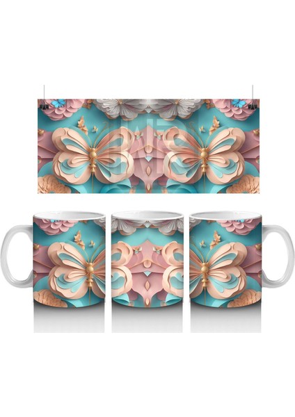 Turkuaz Renkli Simetrik Kelebekler – Baskılı Kahve Kupası