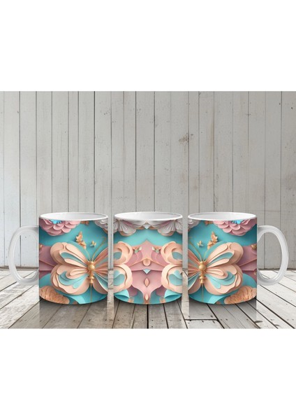 Turkuaz Renkli Simetrik Kelebekler – Baskılı Kahve Kupası