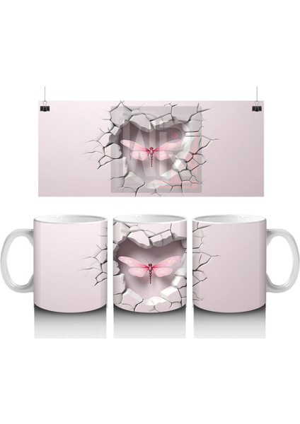 Beyaz Çatlak Duvar Arasında Pembe Yusufçuk – Baskılı Kahve Kupası
