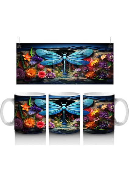 Renkli Çiçek Bahçesinde Çift Mavi Yusufçuk – Baskılı Kahve Kupası