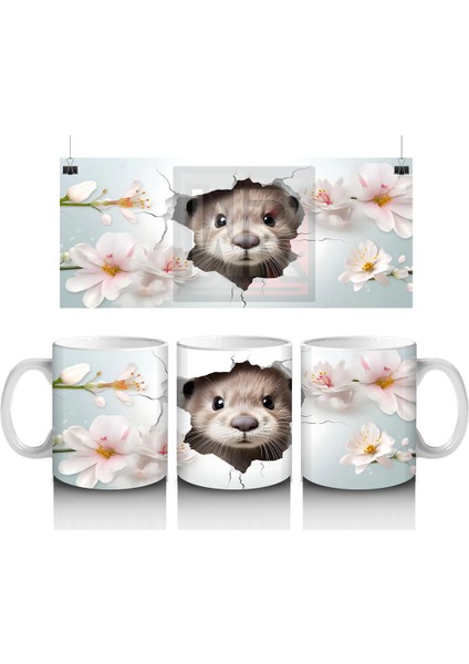 Çiçekler Arasında Duvarı Delen Sevimli Su Samuru - Baskılı Kahve Kupası