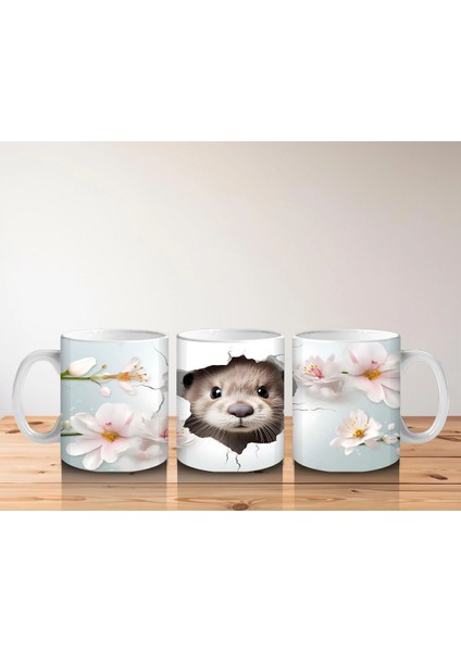 Çiçekler Arasında Duvarı Delen Sevimli Su Samuru - Baskılı Kahve Kupası indirimleri
