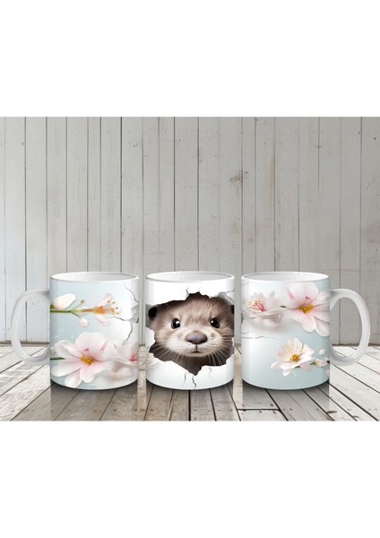 Çiçekler Arasında Duvarı Delen Sevimli Su Samuru - Baskılı Kahve Kupası