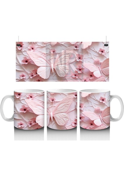 Çiçek Bahçesinde Pastel Pembe Kelebek – Baskılı Kahve Kupası