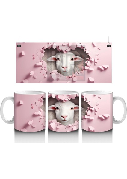 Kalp Desenli Fon Üzerinde Bakan Kuzu – Baskılı Kahve Kupası