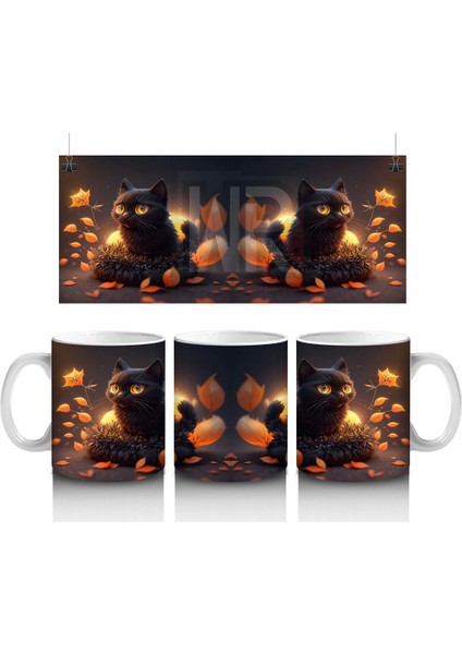 Cadılar Bayramı Temalı Siyah Kediler ve Balkabağı Işıkları – Baskılı Kupa