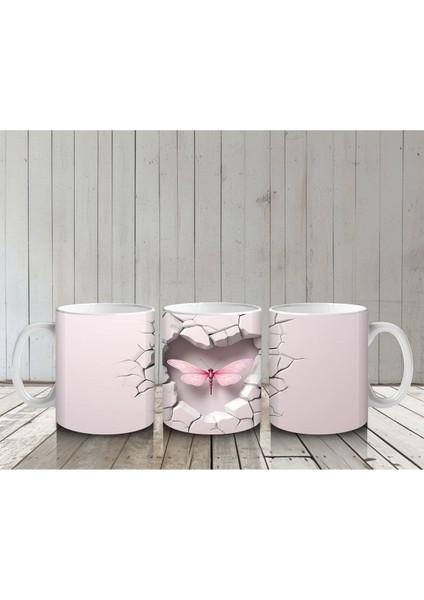 Beyaz Çatlak Duvar Arasında Pembe Yusufçuk – Baskılı Kahve Kupası
