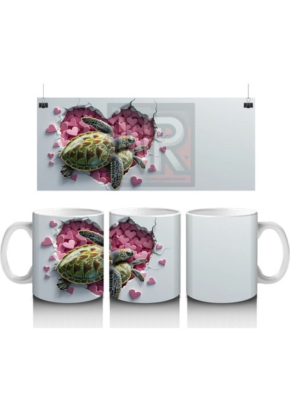Kalpli Pembe Zemin Üzerinde Sevimli Deniz Kaplumbağası - Baskılı Kahve Kupası