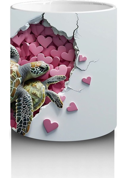 Kalpli Pembe Zemin Üzerinde Sevimli Deniz Kaplumbağası - Baskılı Kahve Kupası modelleri