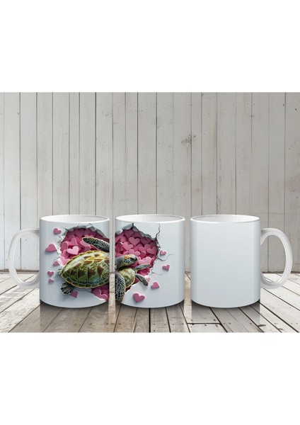 Kalpli Pembe Zemin Üzerinde Sevimli Deniz Kaplumbağası - Baskılı Kahve Kupası