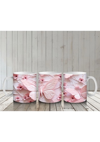 Çiçek Bahçesinde Pastel Pembe Kelebek – Baskılı Kahve Kupası