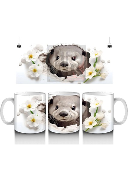 Beyaz Çiçekler Arasında Tatlı Su Samuru – Baskılı Kahve Kupası