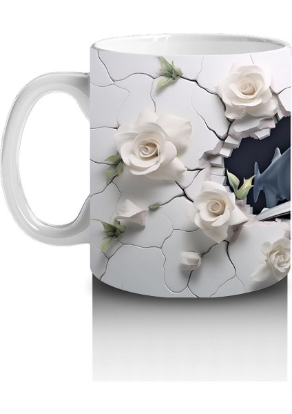 Beyaz Çiçekler Arasında Karanlık Gözlü Köpek Balığı – Baskılı Kahve Kupası fiyatları