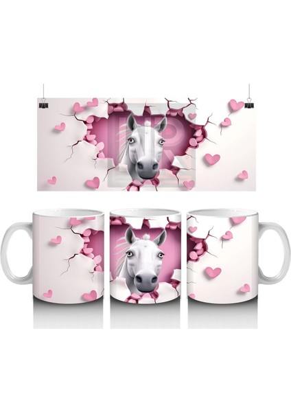 Kalpli Çatlak Duvar Arasından Bakan Beyaz At Figürü - Baskılı Kahve Kupası