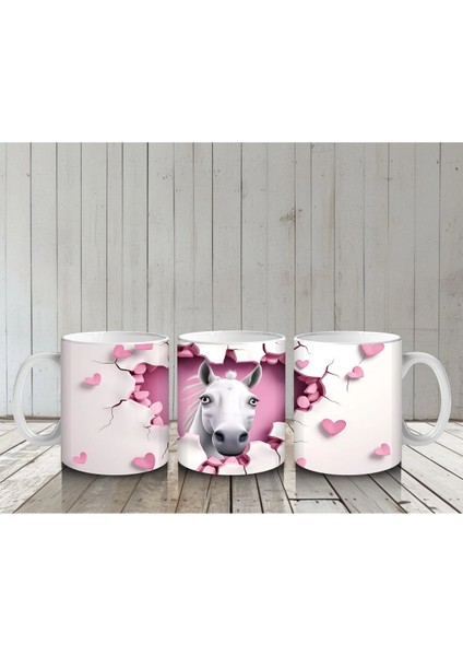 Kalpli Çatlak Duvar Arasından Bakan Beyaz At Figürü - Baskılı Kahve Kupası