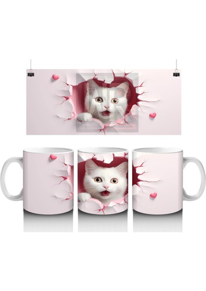 Pembe Kalpli Duvar Arasında Beyaz Kedi – Baskılı Kahve Kupası