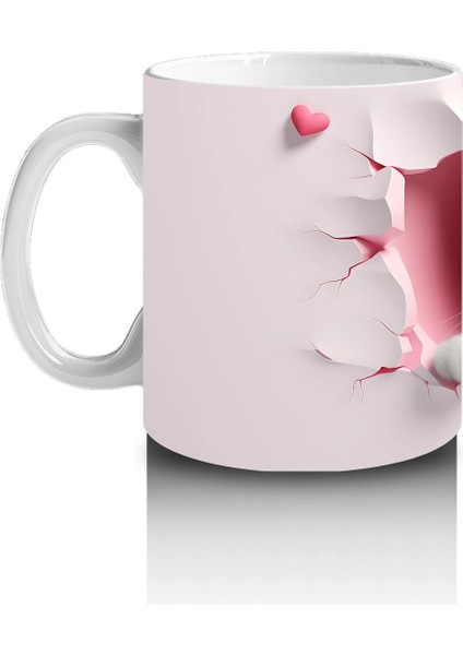 Pembe Kalpli Duvar Arasında Beyaz Kedi – Baskılı Kahve Kupası fiyatları