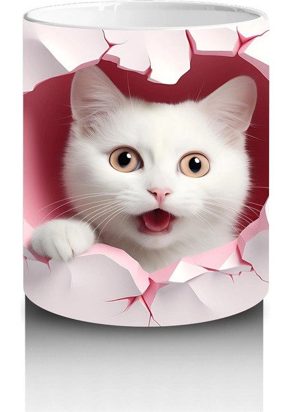 Pembe Kalpli Duvar Arasında Beyaz Kedi – Baskılı Kahve Kupası modelleri