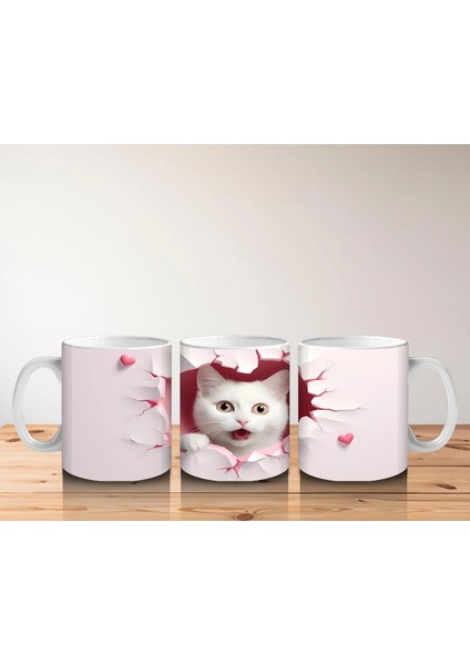 Pembe Kalpli Duvar Arasında Beyaz Kedi – Baskılı Kahve Kupası indirimleri