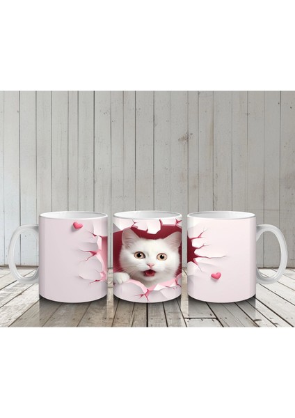 Pembe Kalpli Duvar Arasında Beyaz Kedi – Baskılı Kahve Kupası