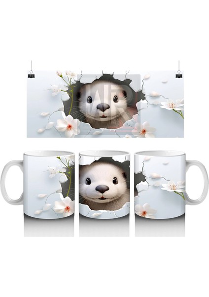 Pembe Çiçekli Fon Üzerinde Su Samuru – Baskılı Kahve Kupası