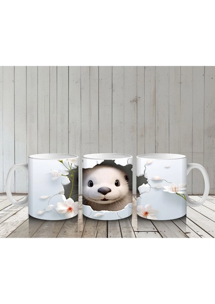 Pembe Çiçekli Fon Üzerinde Su Samuru – Baskılı Kahve Kupası