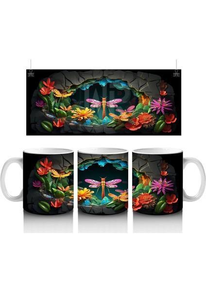 Karanlık Mağarada Parlayan Çiçekler ve Pembe Yusufçuk - Baskılı Kahve Kupası